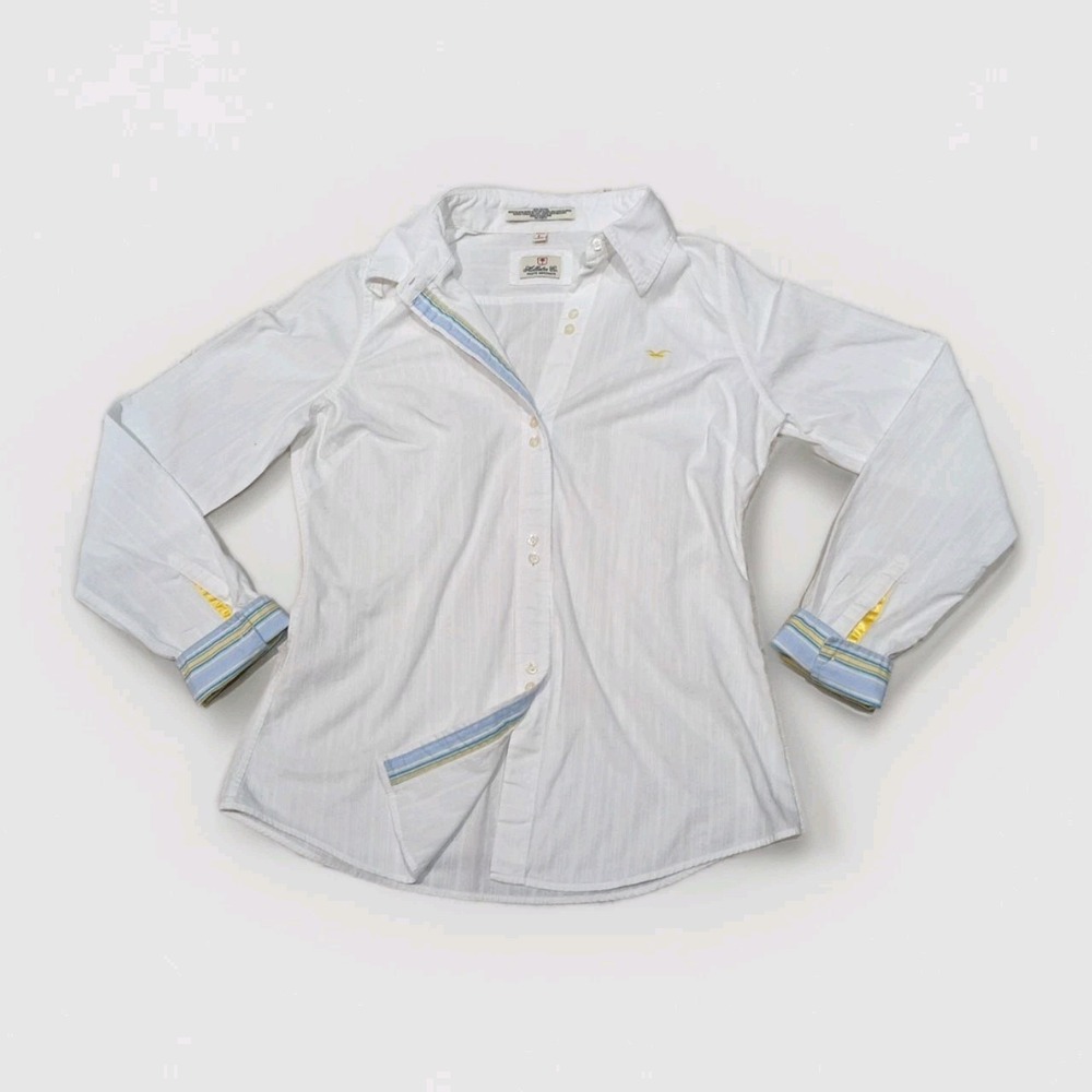 Hollister Pacific Merchants Women Fitted Blouse White w Blue Accents Sz Lg READ
